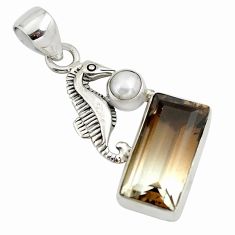 9.65cts bio brown smoky topaz pearl 925 sterling silver seahorse pendant p79507