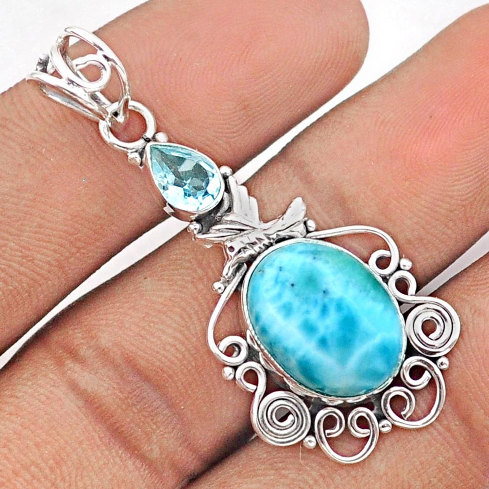 7.62cts birds natural blue larimar oval topaz 925 sterling silver pendant u7150