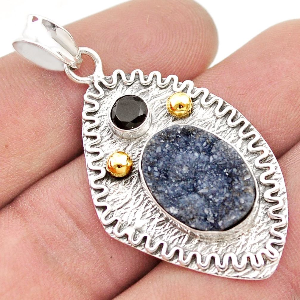 9.63cts black druzy oval onyx 925 sterling silver gold pendant jewelry d48496