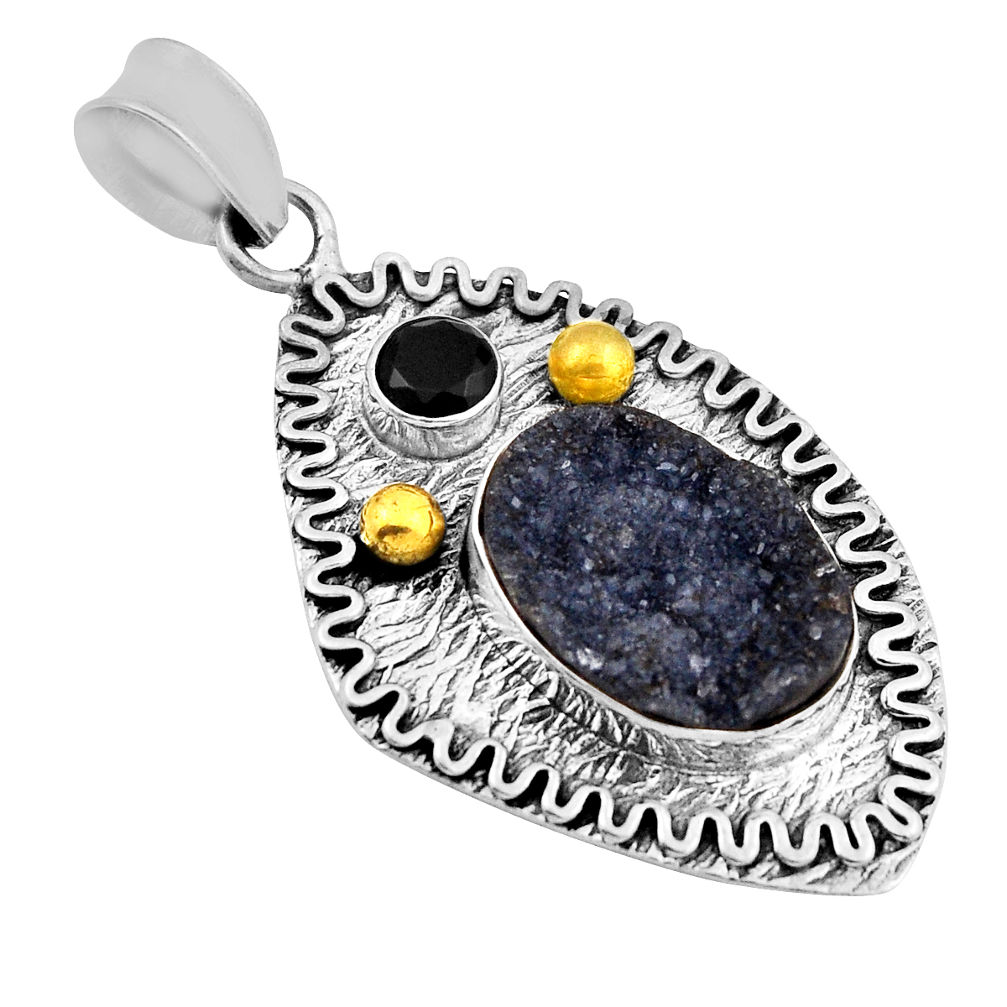 9.98cts black druzy oval onyx 925 sterling silver gold pendant jewelry n27787