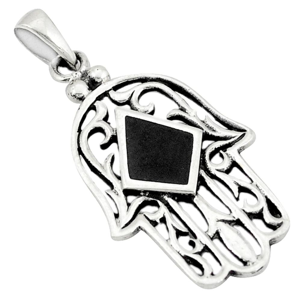 Black onyx enamel 925 sterling silver hand of god hamsa pendant c12457