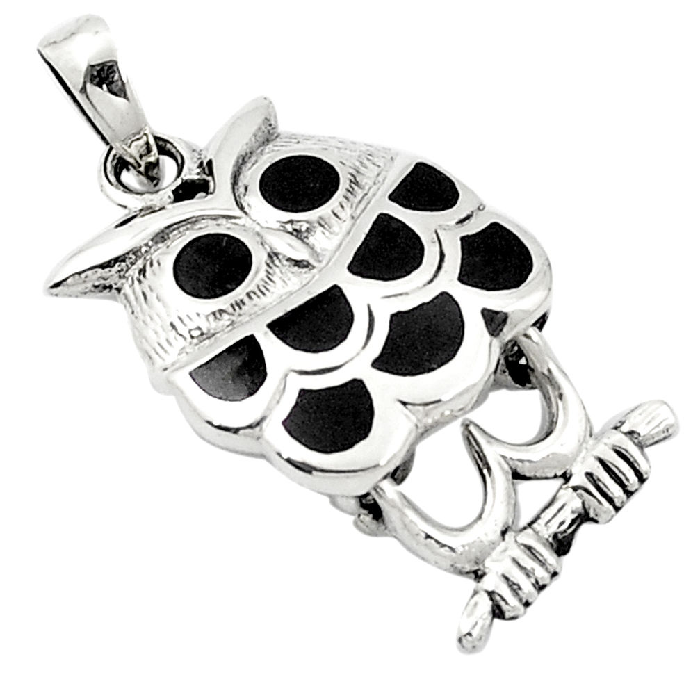 Black onyx enamel 925 sterling silver owl pendant jewelry c12579