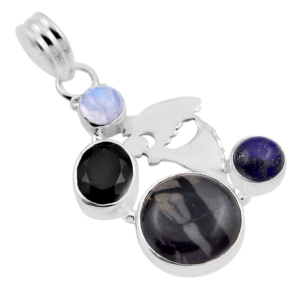 16.57cts black picasso jasper round onyx lapis moonstone silver pendant n25214
