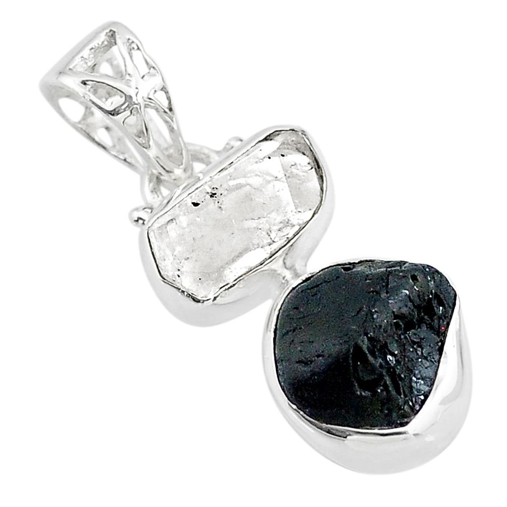 8.84cts black tourmaline rough herkimer diamond 925 silver pendant t20968
