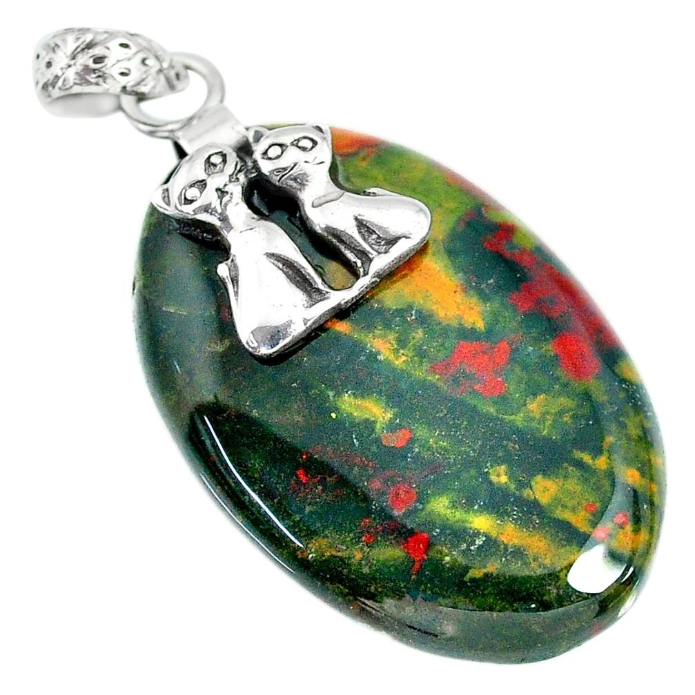 29.02cts bloodstone african (heliotrope) 925 silver two cats pendant r90914