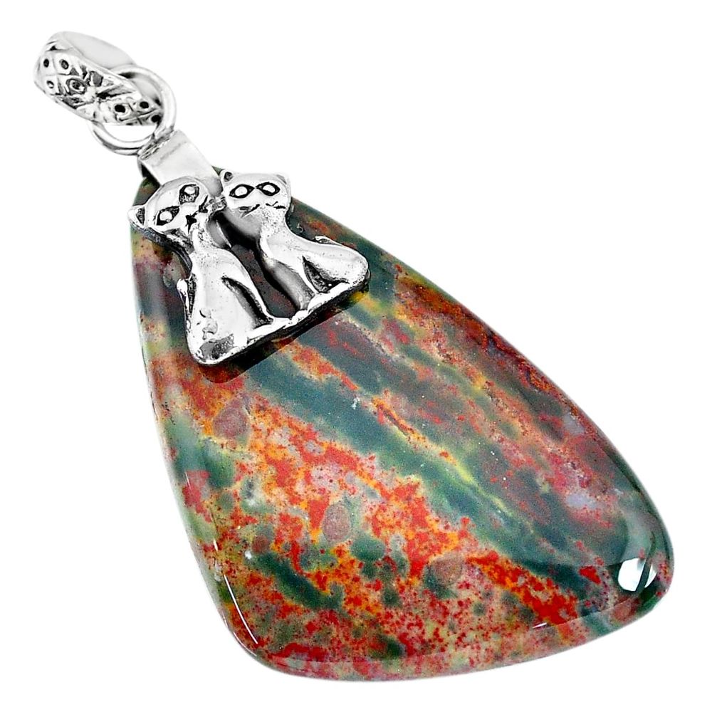 29.93cts bloodstone african (heliotrope) 925 silver two cats pendant r90997