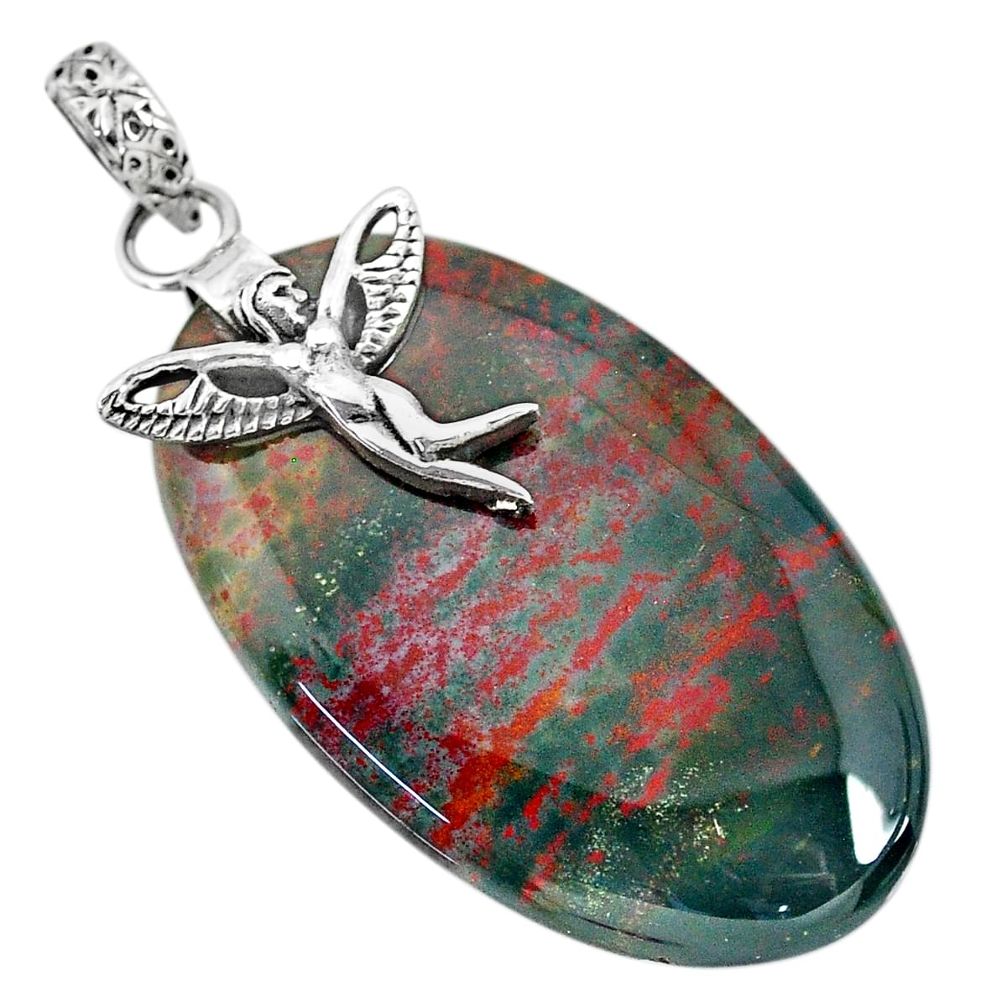 39.45cts bloodstone african 925 silver angel wings fairy pendant r90995