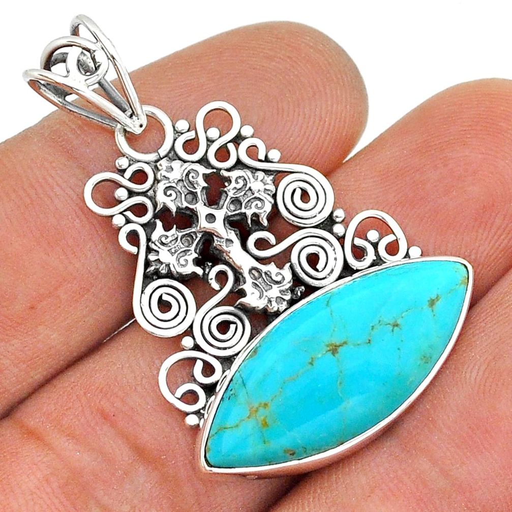 14.47cts blue arizona mohave turquoise 925 silver holy cross pendant u86787