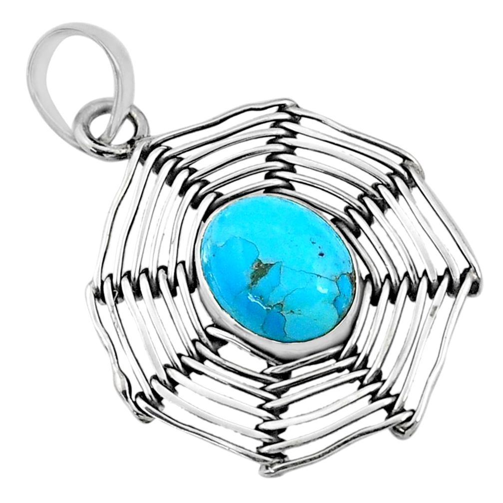 5.28cts blue arizona mohave turquoise 925 silver spider web pendant r67542