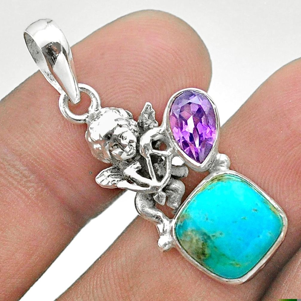 6.83cts blue arizona mohave turquoise amethyst 925 silver angel pendant t51268