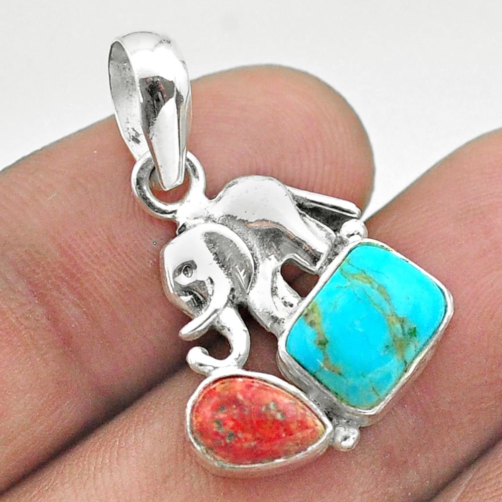 5.84cts blue arizona mohave turquoise coral 925 silver elephant pendant t51322