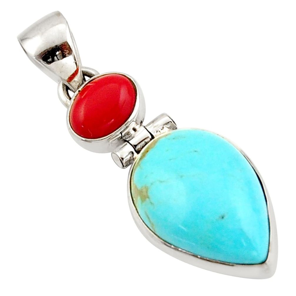 12.22cts blue arizona mohave turquoise coral 925 sterling silver pendant d47412