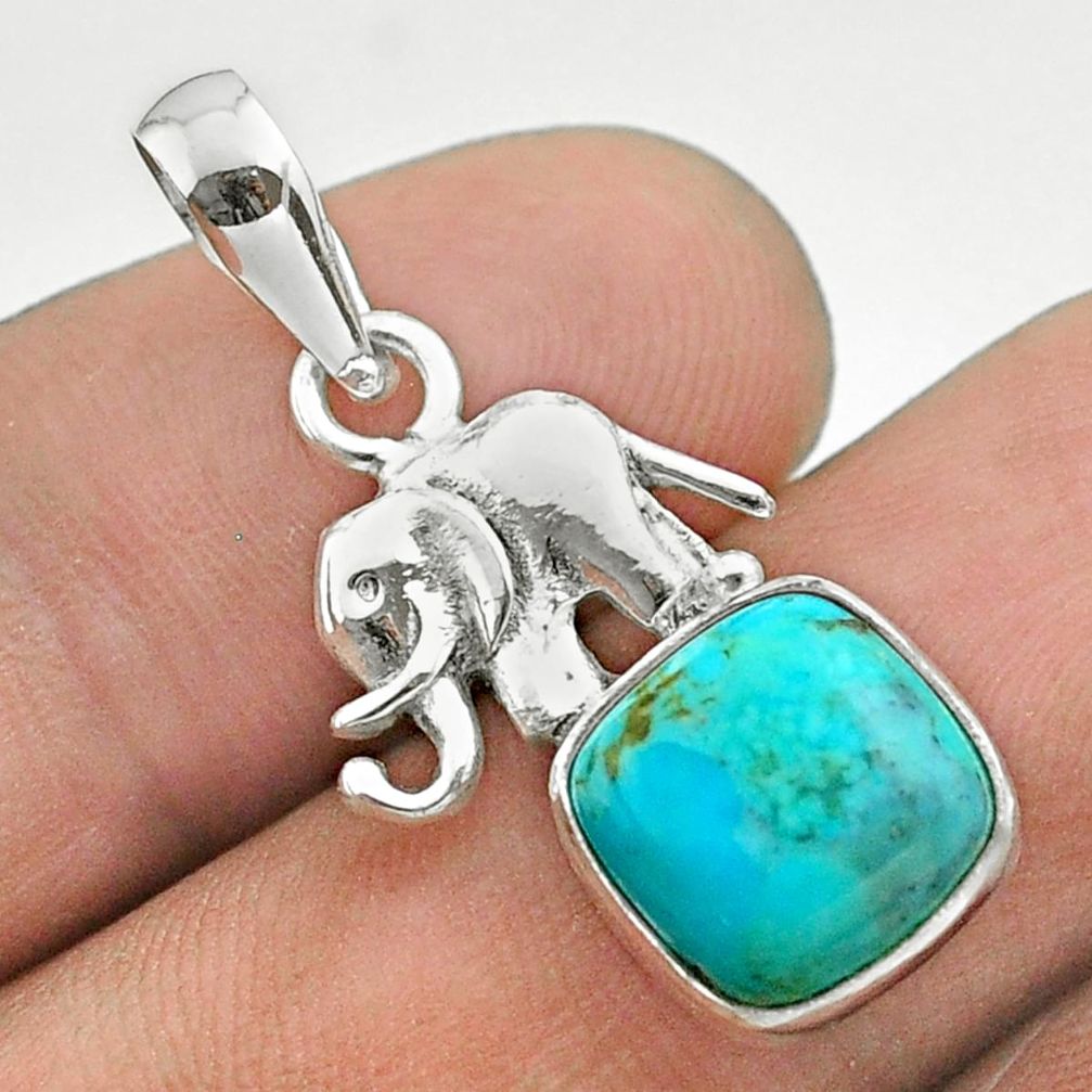 4.88cts blue arizona mohave turquoise cushion 925 silver elephant pendant t51331