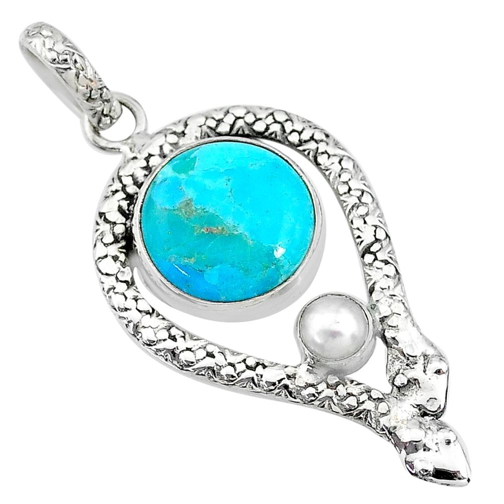 12.31cts blue arizona mohave turquoise pearl 925 silver snake pendant t10692