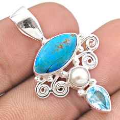 7.35cts blue arizona mohave turquoise topaz pearl 925 silver pendant u17270