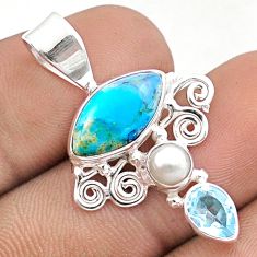 6.97cts blue arizona mohave turquoise topaz pearl 925 silver pendant u17295