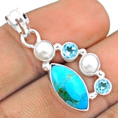 6.19cts blue arizona mohave turquoise topaz pearl 925 silver pendant u18582