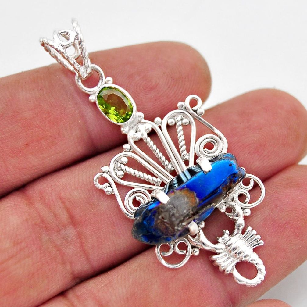 9.98cts blue aura quartz (arkansas) peridot 925 silver scorpion pendant y86719