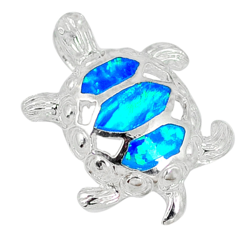 Blue australian fire opal enamel 925 sterling silver turtle pendant c15664