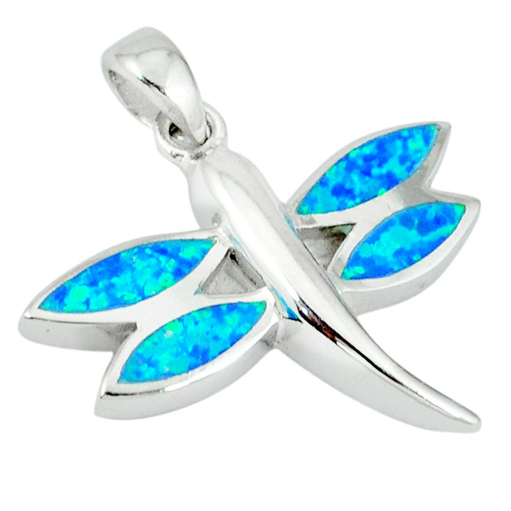 Blue australian opal (lab) 925 silver dragonfly pendant jewelry c15690