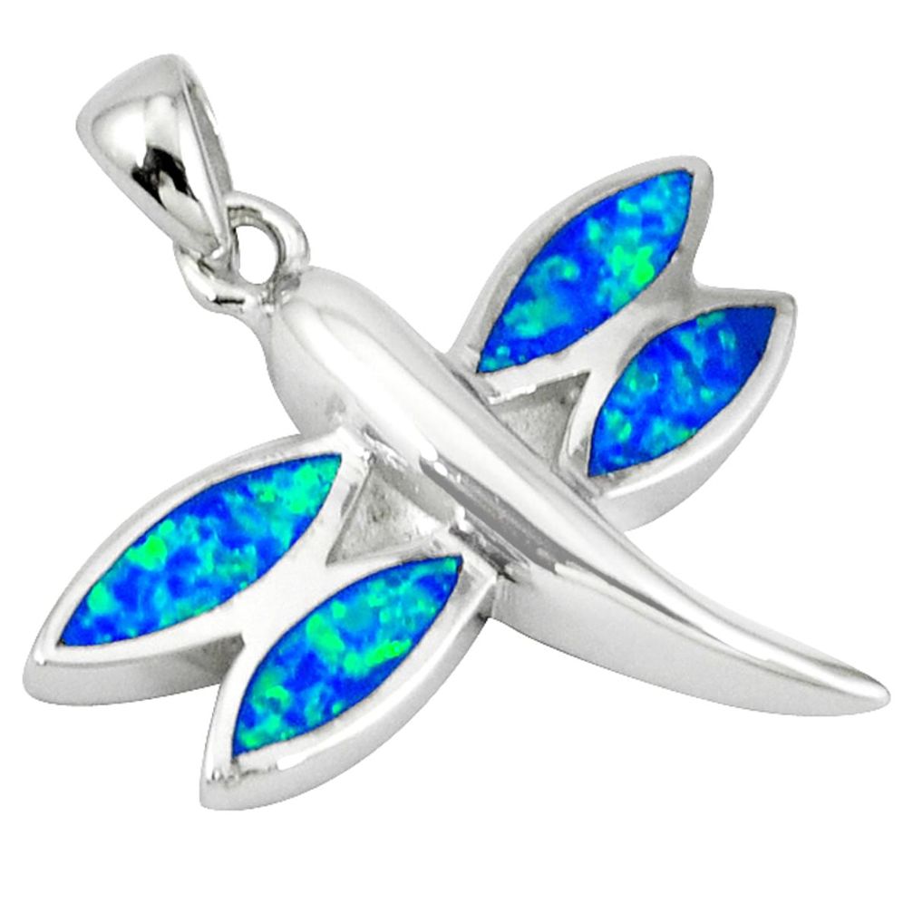 Blue australian opal (lab) 925 silver dragonfly pendant jewelry c15693