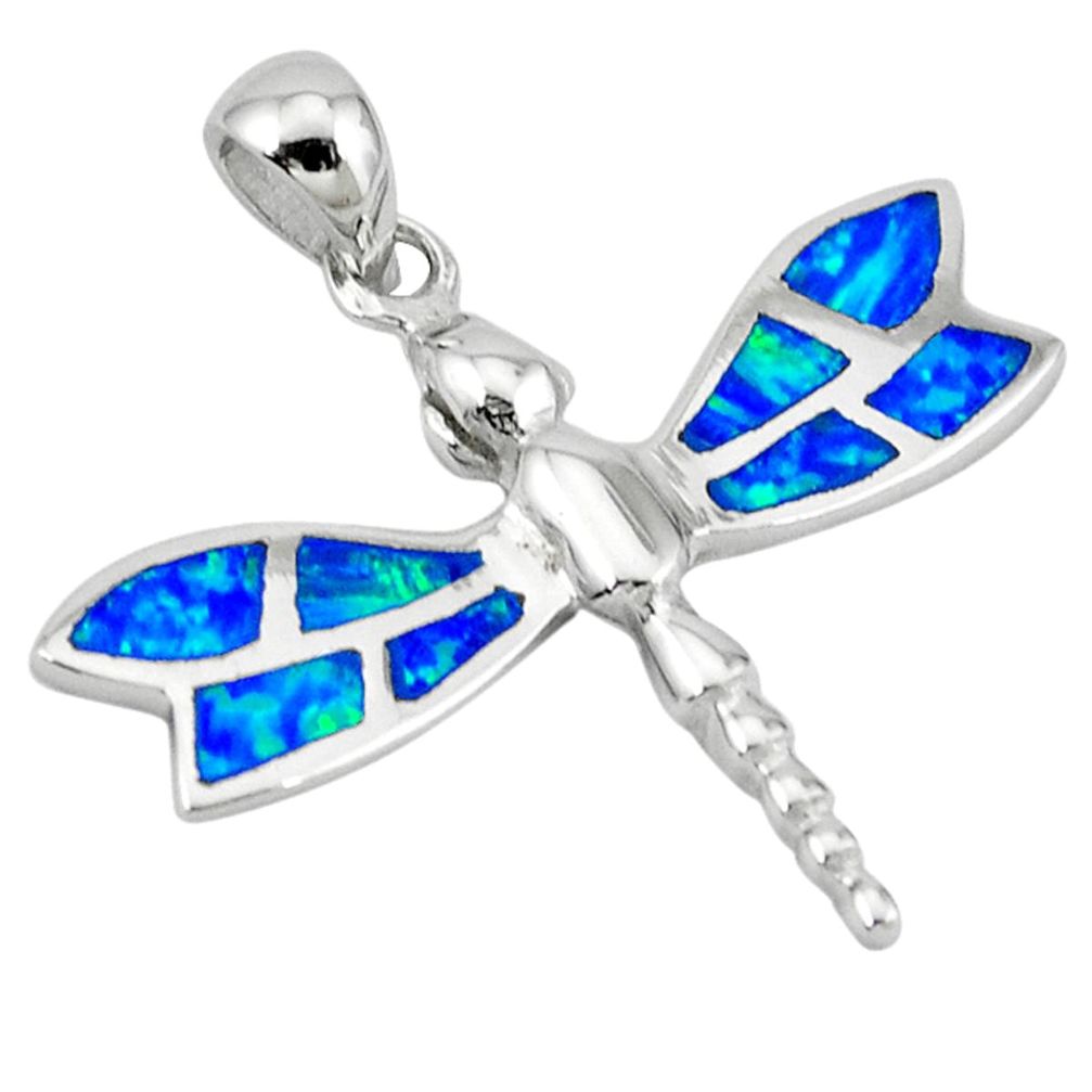 Blue australian opal (lab) 925 silver dragonfly pendant jewelry c15699