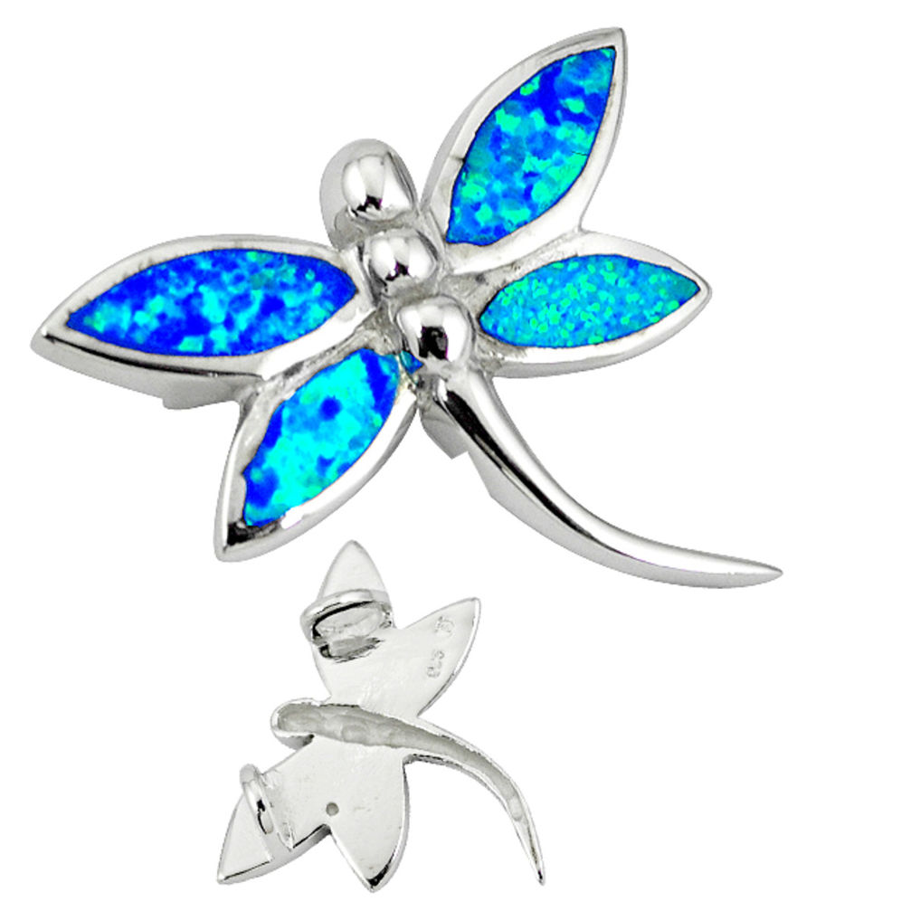 Blue australian opal (lab) 925 sterling silver dragonfly pendant c15705