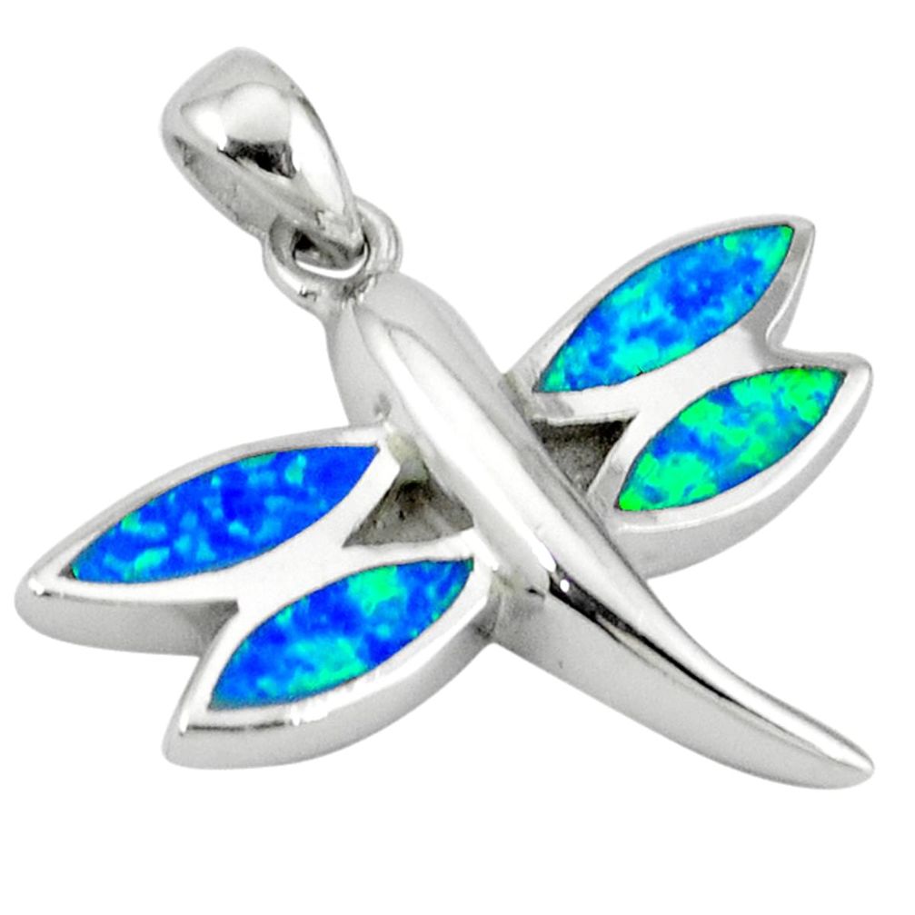 Blue australian opal (lab) 925 sterling silver dragonfly pendant c15684