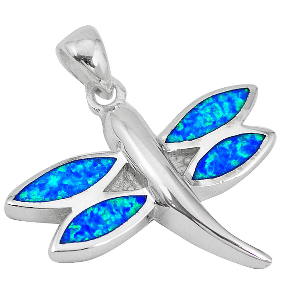 Blue australian opal (lab) 925 sterling silver dragonfly pendant c15681