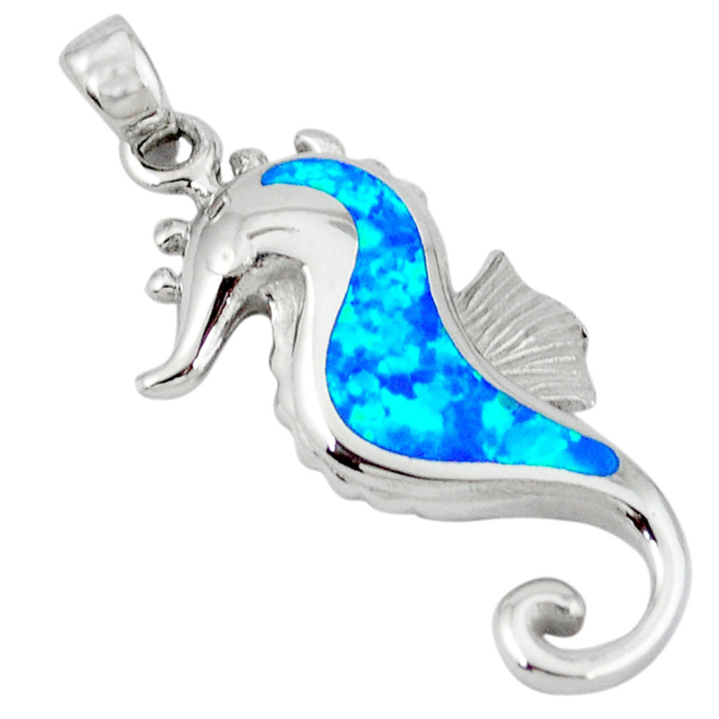 Blue australian opal (lab) 925 sterling silver seahorse pendant c15627