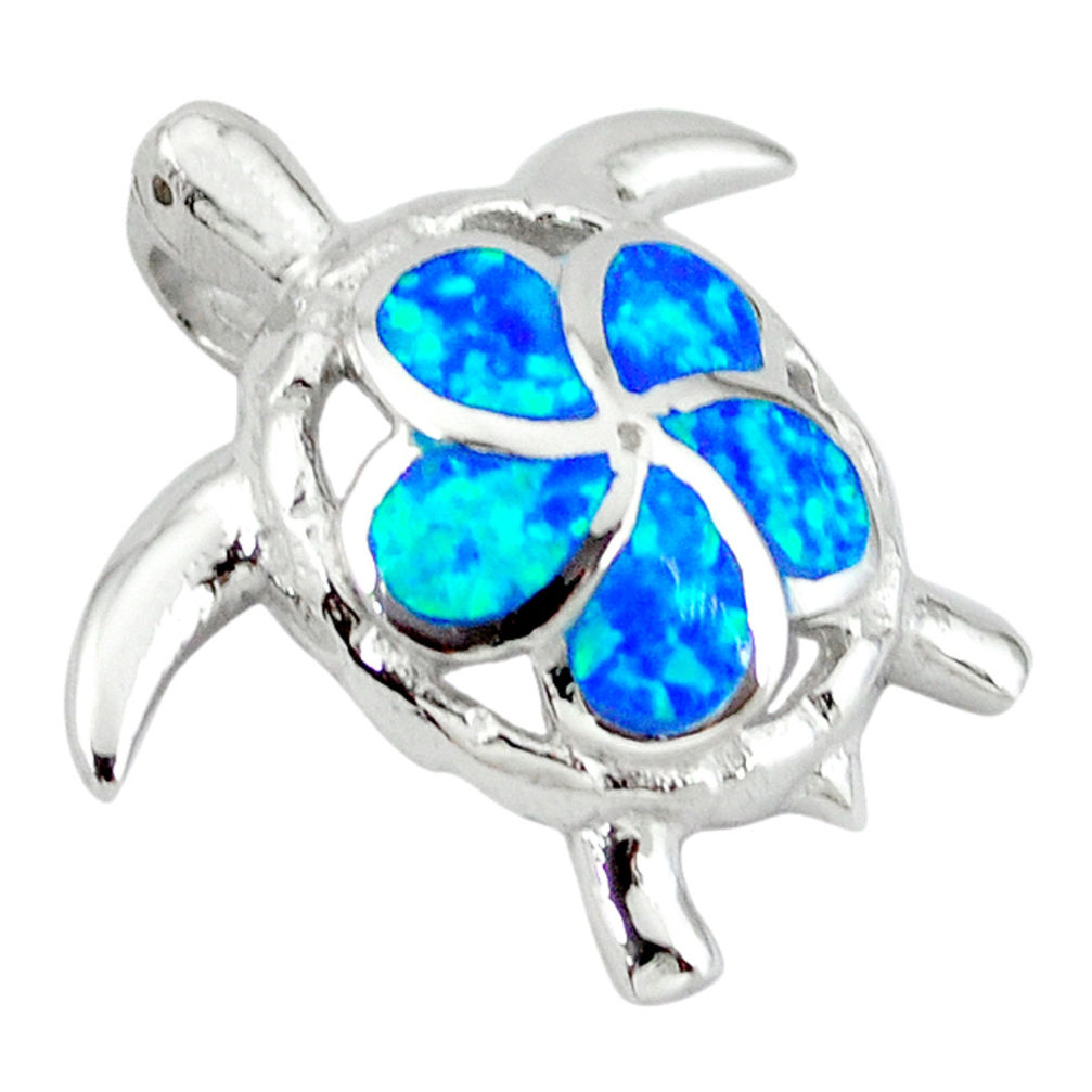 Blue australian opal (lab) 925 sterling silver turtle pendant jewelry c15667