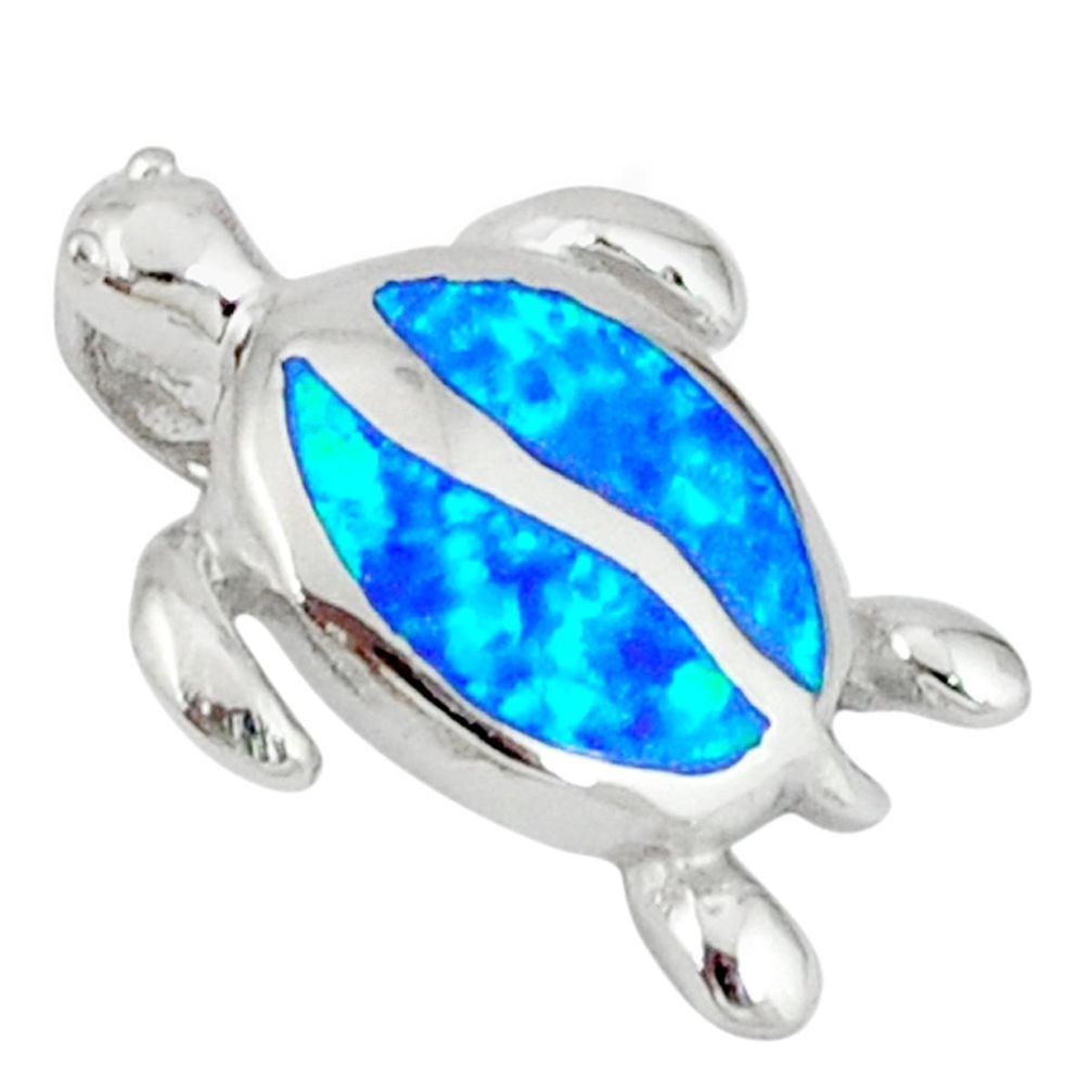 Blue australian opal (lab) 925 sterling silver turtle pendant jewelry c15675