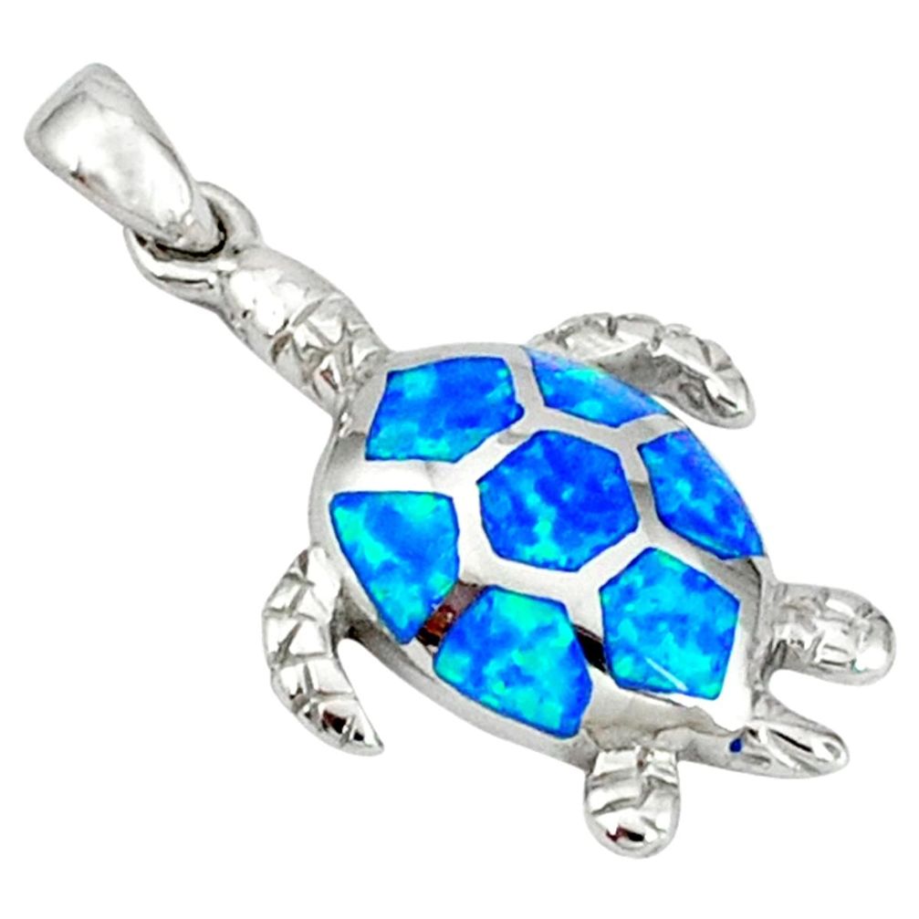 Blue australian opal (lab) 925 sterling silver turtle pendant jewelry c15662