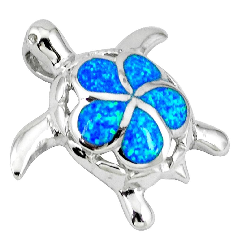Blue australian opal (lab) 925 sterling silver turtle pendant jewelry c15672