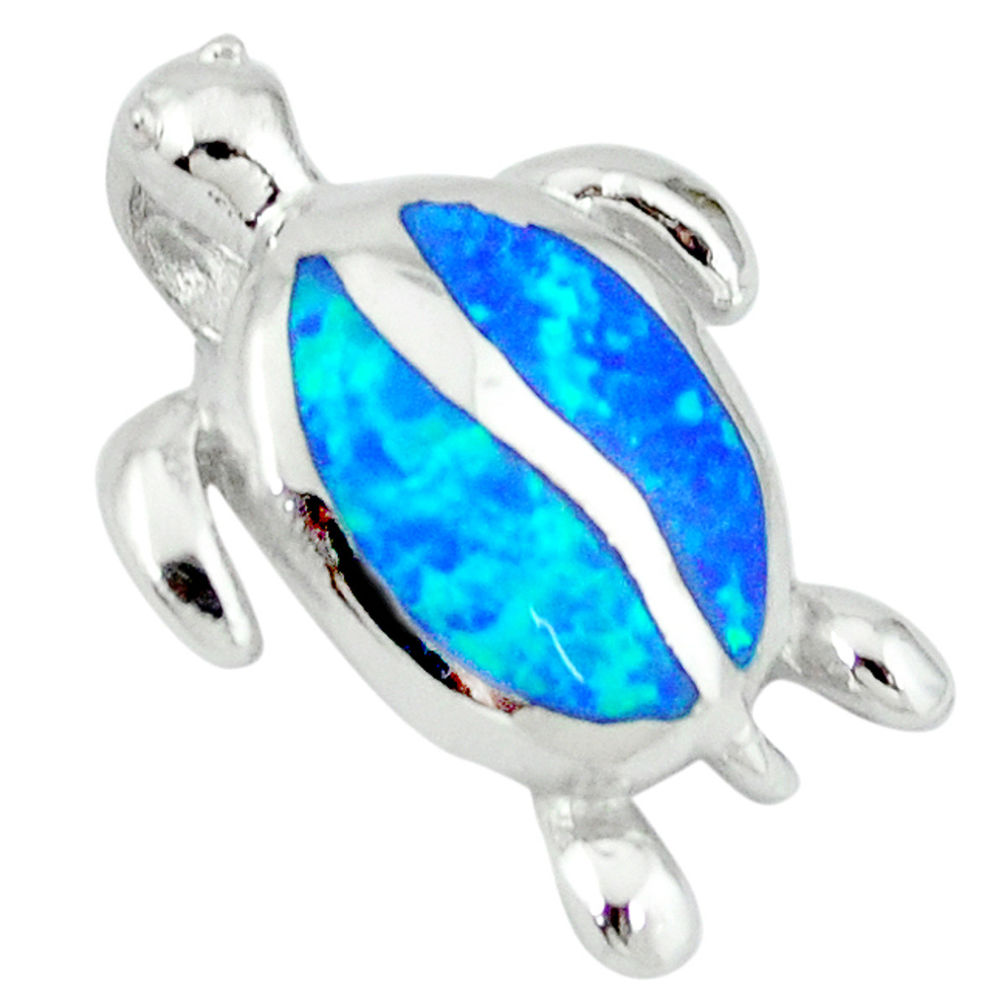 Blue australian opal (lab) 925 sterling silver turtle pendant c15673