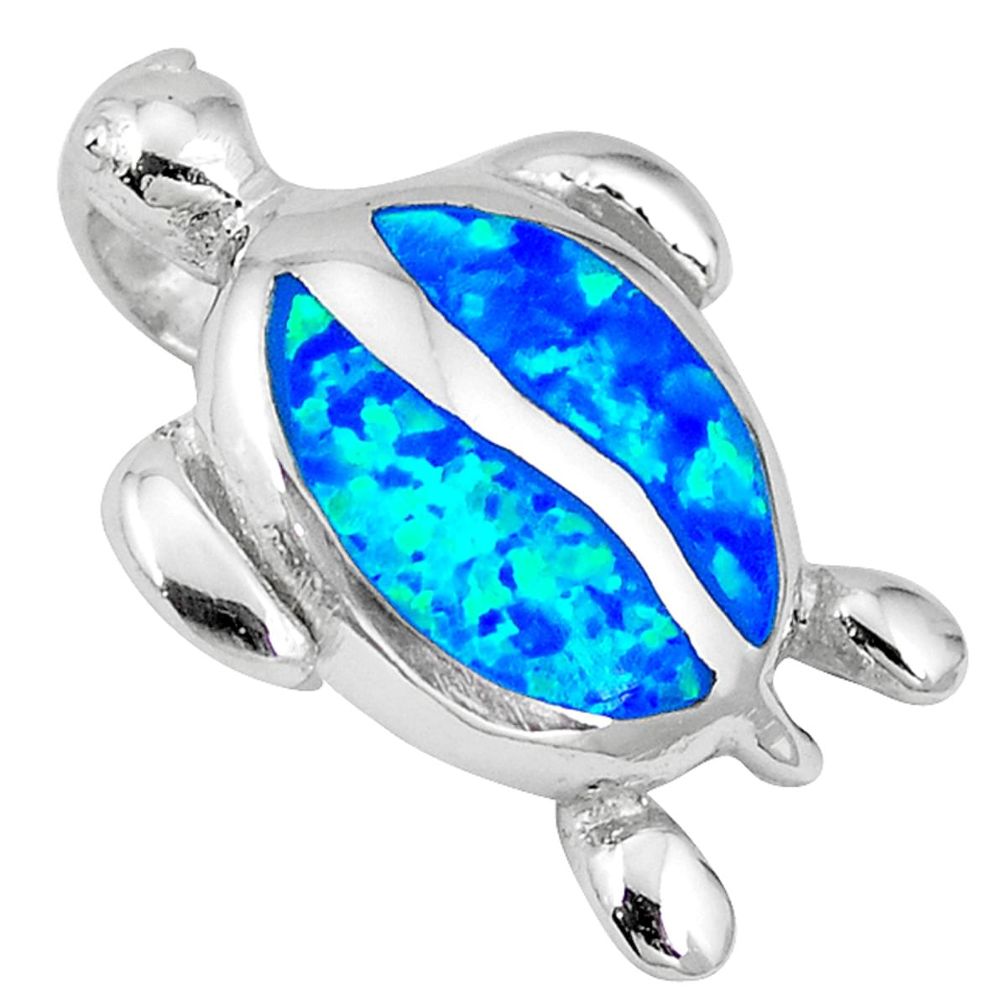 Blue australian opal (lab) 925 sterling silver turtle pendant jewelry c15665