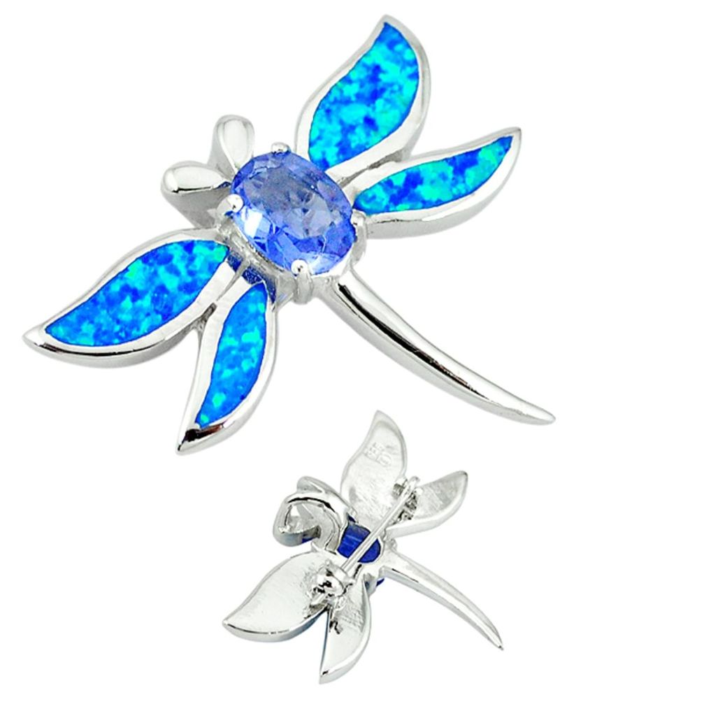 Blue australian opal (lab) dragonfly 925 sterling silver brooch pendant c15706