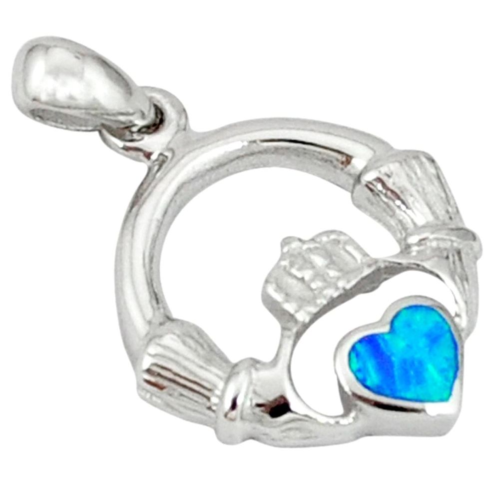 Blue australian opal (lab) enamel 925 silver claddagh pendant jewelry c15729