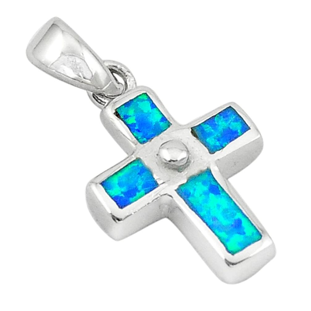Blue australian opal (lab) enamel 925 silver holy cross pendant c25849