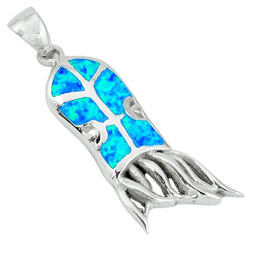 Blue australian opal (lab) enamel 925 silver octopus pendant jewelry c15702