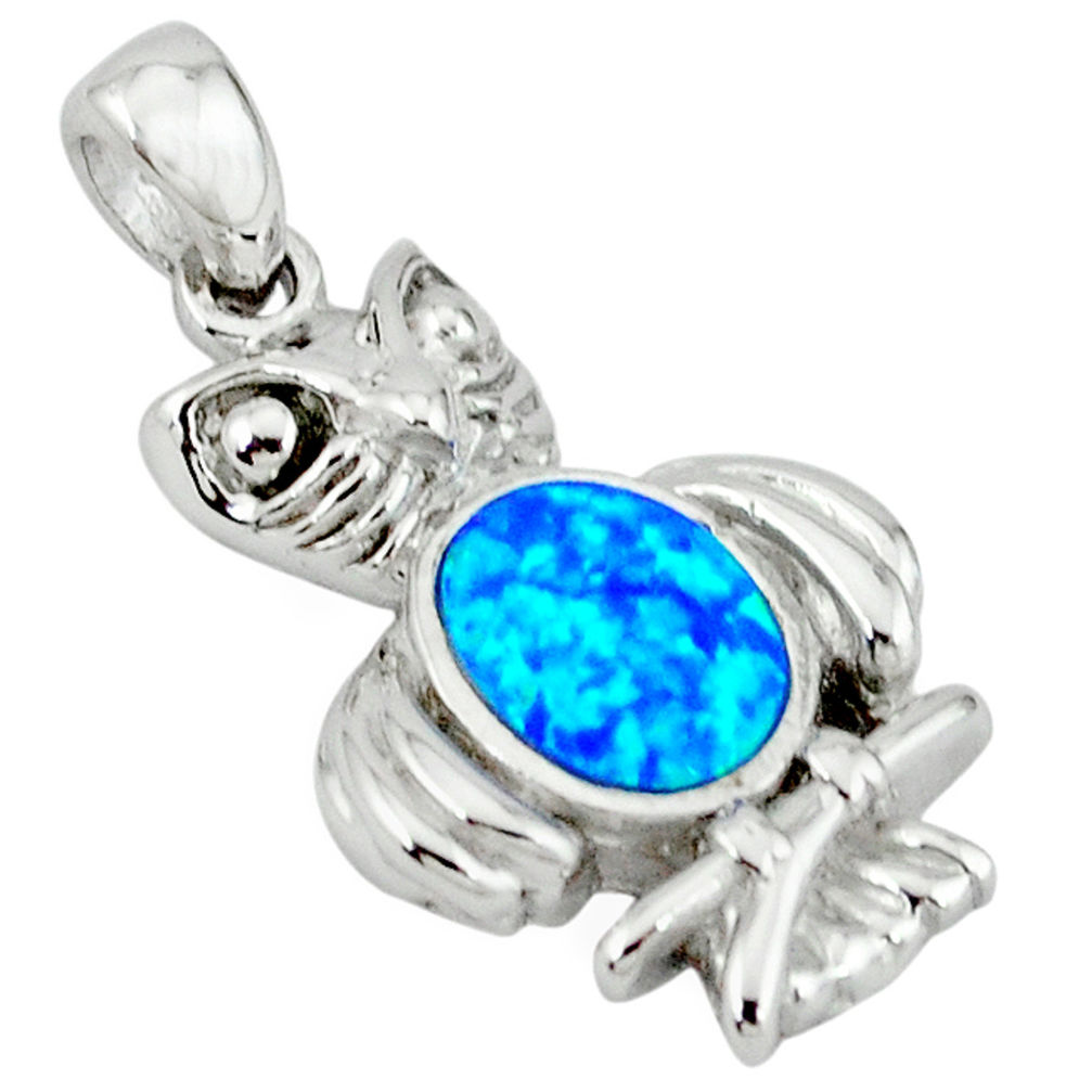 Blue australian opal (lab) enamel 925 silver owl pendant jewelry c15610