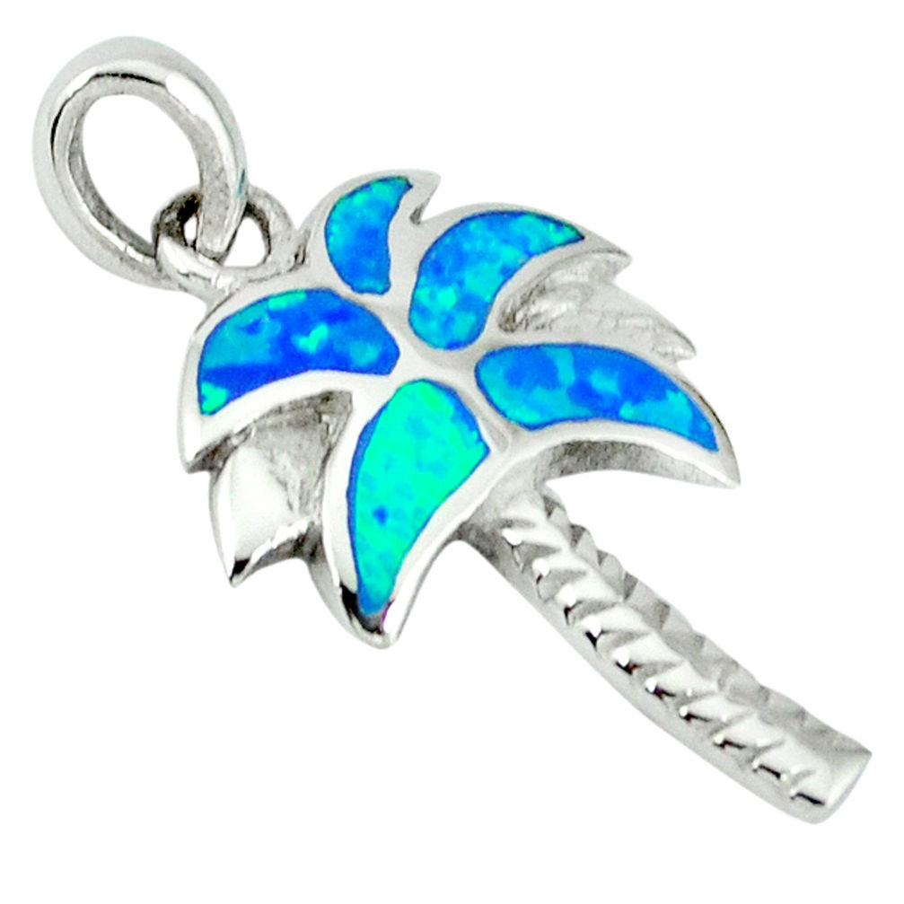 Blue australian opal (lab) enamel 925 silver palm tree pendant c15642