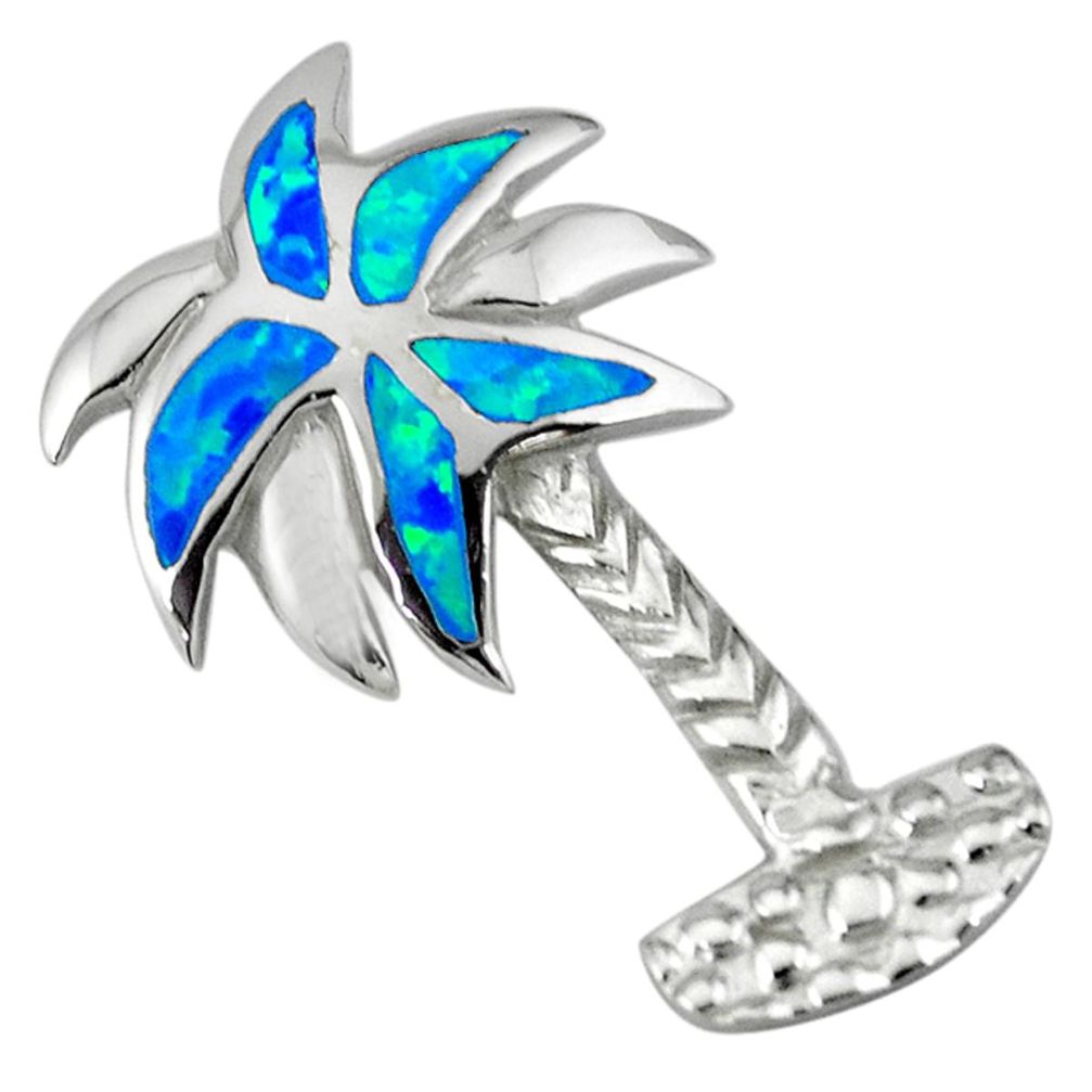 Blue australian opal (lab) enamel 925 silver palm tree pendant jewelry c15582