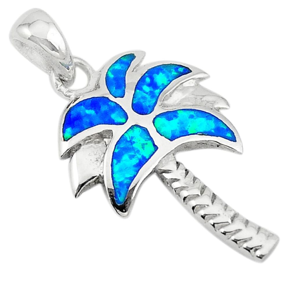 Blue australian opal (lab) enamel 925 silver palm tree pendant a74246 c24450