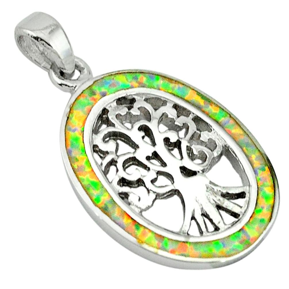 Blue australian opal (lab) enamel 925 silver tree of life pendant a36741 c14139