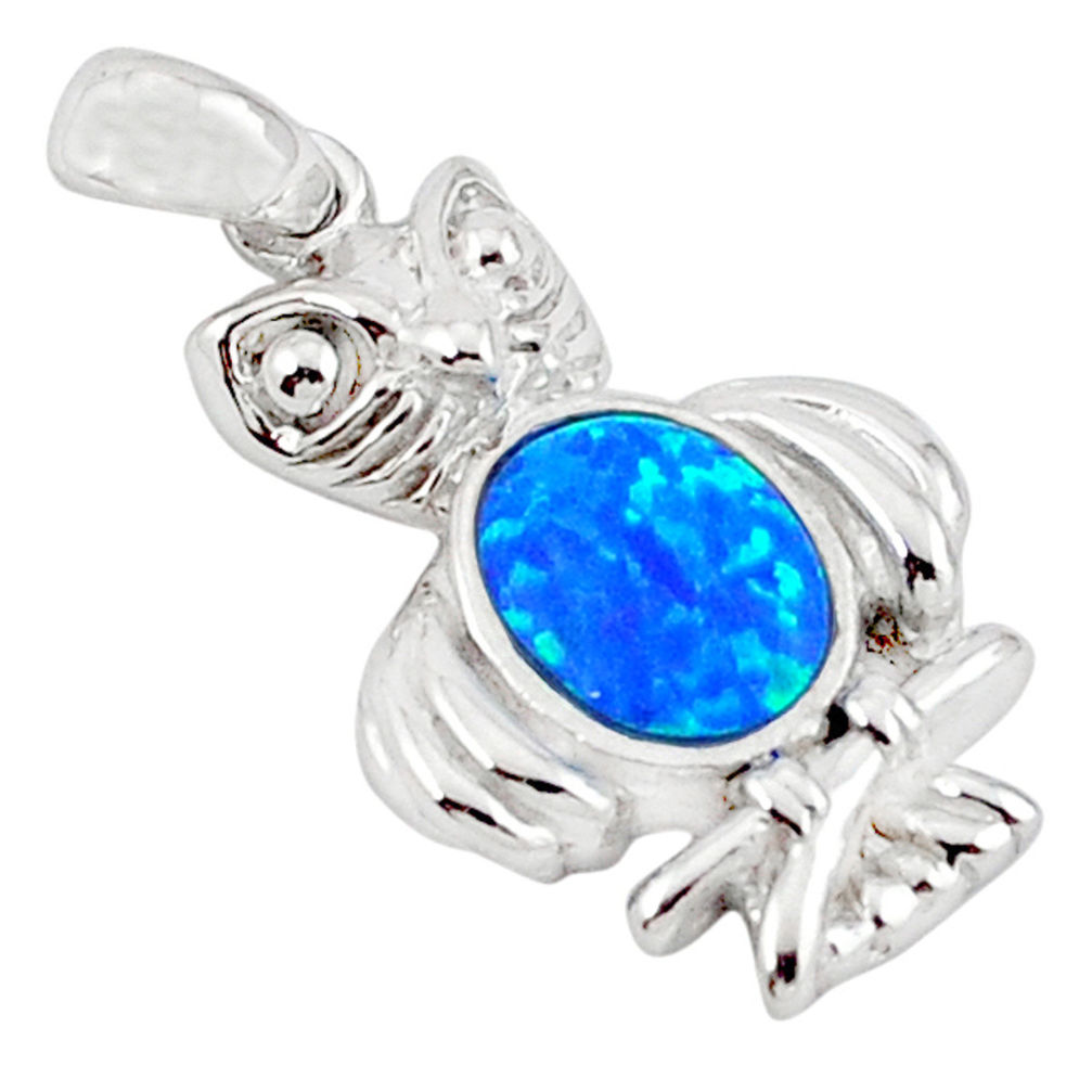 LAB Blue australian opal (lab) enamel 925 sterling silver owl pendant c15603