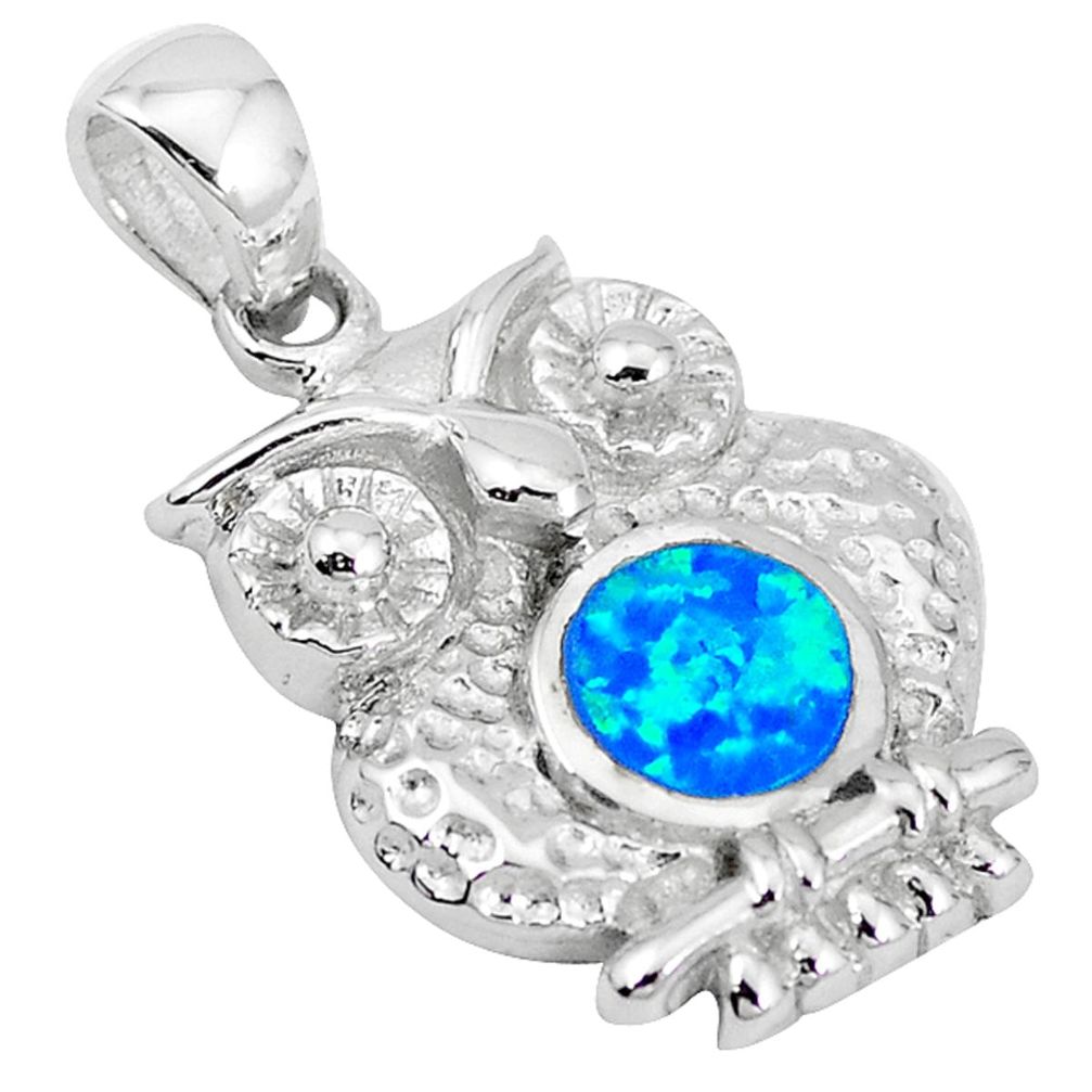 Blue australian opal (lab) enamel 925 sterling silver owl pendant c15606