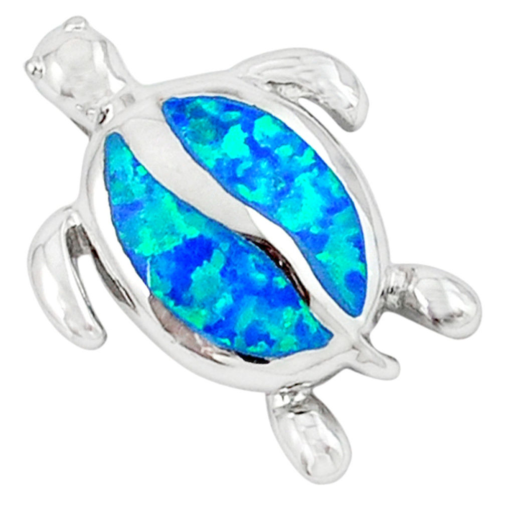 Blue australian opal (lab) enamel 925 silver turtle pendant jewelry c15668