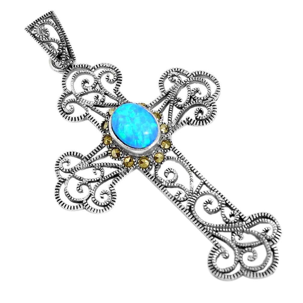 1.65cts blue australian opal (lab) marcasite 925 silver cross pendant c20329