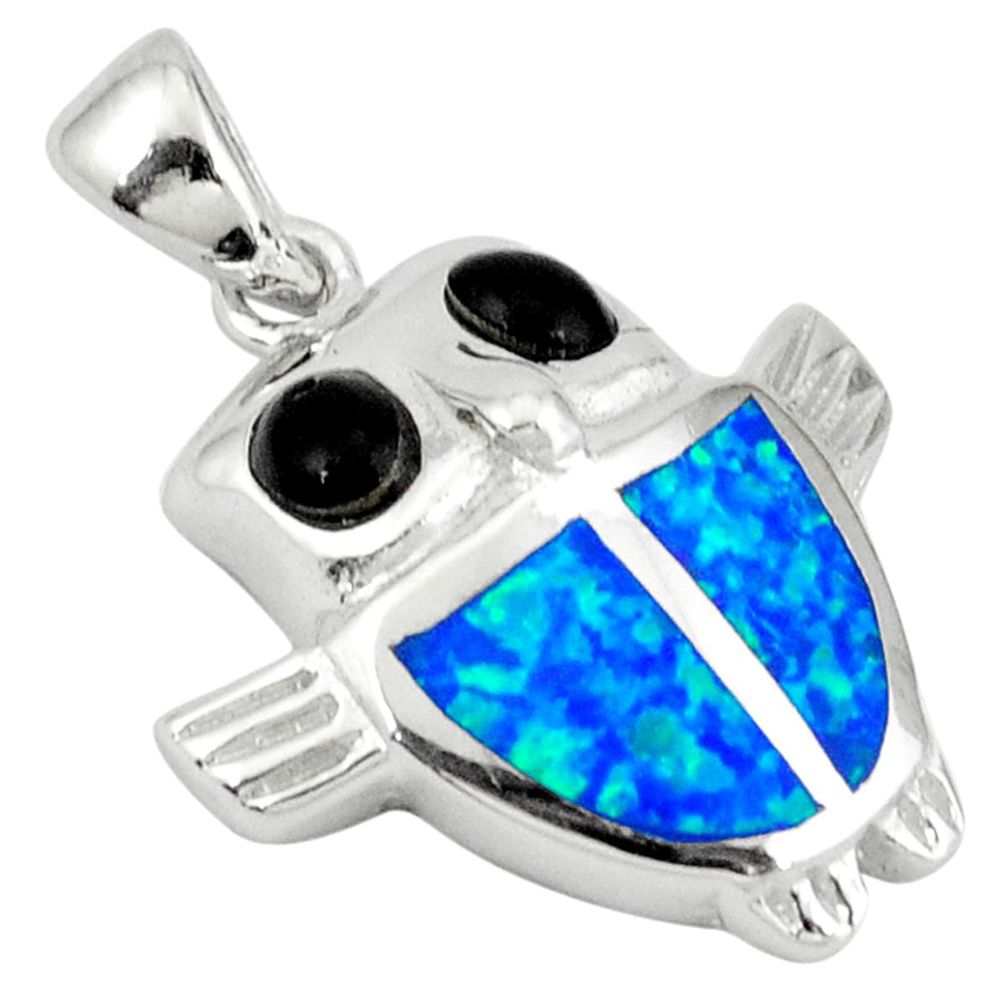 Blue australian opal (lab) onyx 925 sterling silver owl pendant jewelry c15635